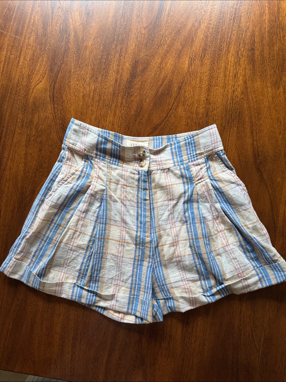 Sezane High-Waist Blue & White Plaid Linen-Blend Shorts